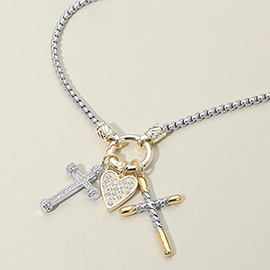 14K Gold Plated Two Tone CZ Stone Paved Heart Double Cross Charm Accent Necklace