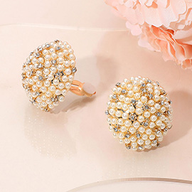 Beaded Pearl Rhinestone Embellished Dome Clip On Earrings