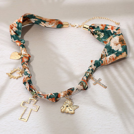 Cross Angel Heart Charm Station Fabric Scarf Necklace