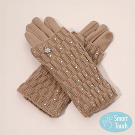 Floral Rhinestone Point Smart Touch Knit Winter Gloves