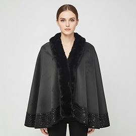 Faux Fur Trim Rhinestone Embellished Hem Poncho Shawl