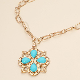 Boho Floral Pendant Chunky Textured Paperclip Chain Necklace