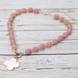 Mother of Pearl Quatrefoil Pendant Marbled Pebble Beaded Necklace