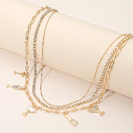 Rhinestone Pearl Embellished Drink-themed Charm Station Layered Chain Necklace