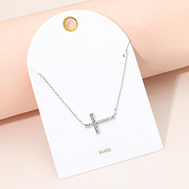 Hammered Metal Sideways Cross Pendant Necklace