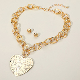 Bold Hammered Metal Heart Pendant Chunky Chain Statement Necklace