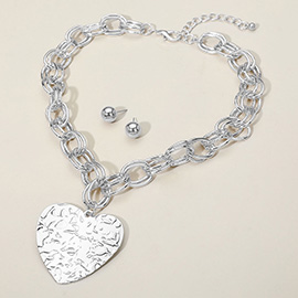 Bold Hammered Metal Heart Pendant Chunky Chain Statement Necklace