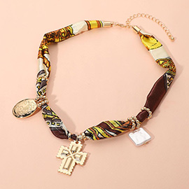 Boho Metal Cross Square Pearl Floral Oval Charm Fabric Necklace