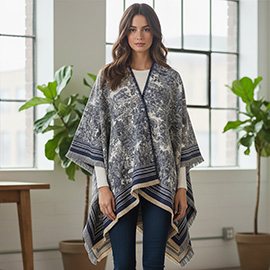 Textured Jacquard Pattern Print Ruana Poncho