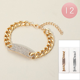 12PCS - Sparkling Stone Paved Plate Bold Chain Bracelets