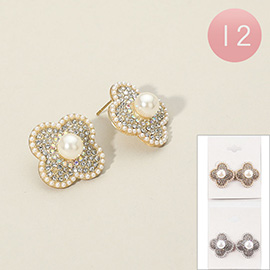12Pairs - Pearl Accent Stone Paved Quatrefoil Stud Earrings