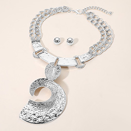 Bold Textured Metal Crescent Accent Statement Necklace