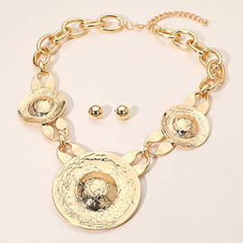 Bold Hammered Metal Disc Accent Statement Necklace