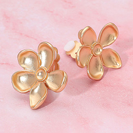 Brushed Metal Flower Clip On Earrings