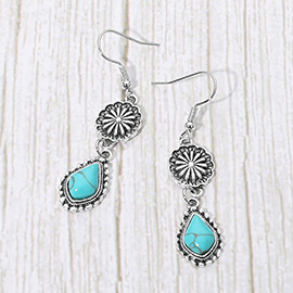 Vintage Floral Medallion Teardrop Stone Drop Earrings