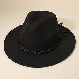 Faux Leather Braided Band Accent Classic Plain Fedora Hat