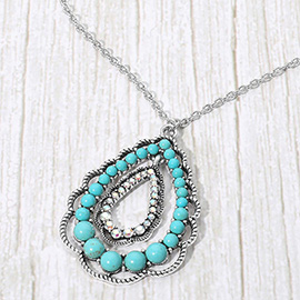 Boho Stone Beaded Layered Teardrop Pendant Necklace