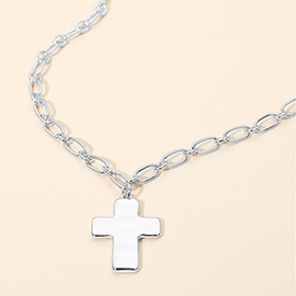 Hammered Metal Cross Pendant Paperclip Chain Necklace