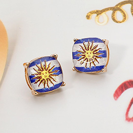 Uruguay Flag Printed Faceted Cushion Stud Earrings