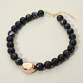 Polished Metal Bean Accent Bold Marbled Ball Beaded Statement Necklace