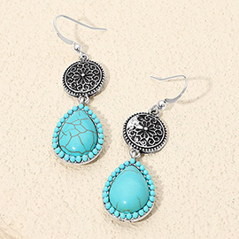 Boho Round Floral Filigree Turquoise Teardrop Stone Link Drop Dangle Earrings