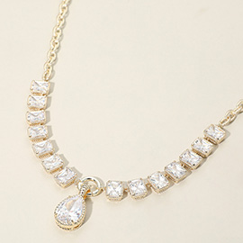 14K Gold Plated Teardrop CZ Stone Pendant Cushion-Cut Link Necklace