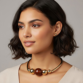 Bold Marbled Resin Metal Ball Beaded Statement Necklace