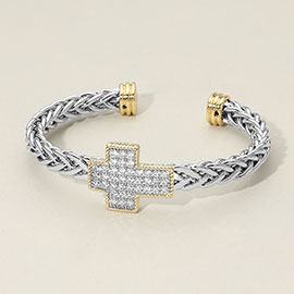 14K Gold Plated CZ Stone Paved Cross Accent Two Tone Braided Cuff Bracelet