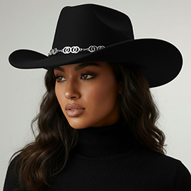 Polished Metal Chain Accent Sculpted Western Cowboy Fedora Hat