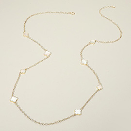 14K Gold Plated Mother of Pearl Quatrefoil Motif Station Long Necklace
