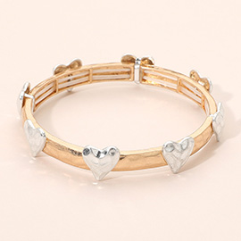 Hammered Brushed Metal Heart Accent Stretch Bracelet