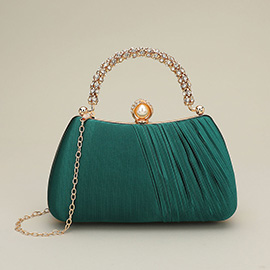 Rhinestone Embellished Handle Pearl Clasp Elegant Evening Clutch Crossbody Bag