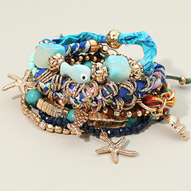 9PCS - Boho Starfish Shell Charm Beaded Stretch Multi Layered Bracelets
