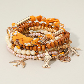 8PCS - Boho Fish Bird Charm Wooden Pearl Beaded Stretch Multi Layered Bracelets