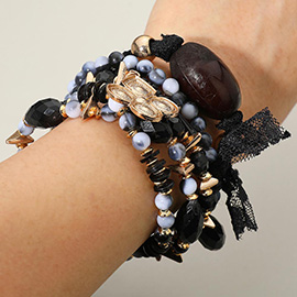 6PCS - Boho Turtle Abstract Charm Beaded Stretch Adjustable Multi Layered Bracelets