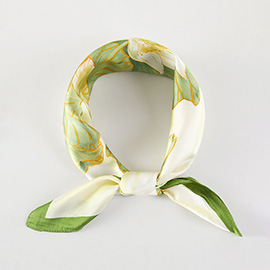 Elegant Water Lily Lotus Printed Square Silky Satin Bandana Scarf