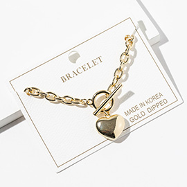 Gold Dipped Puffy Heart Toggle Charm Chain Bracelet