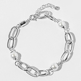 White Gold Dipped Pearl Accent Textured Chunky Chain Link Bracelet