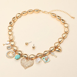 Heart Pearl Flower Smile Turquoise Stone Charm Station Metal Pebble Beaded Statement Necklace