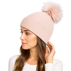 Genuine Fox Fur Pom Pom Ribbed Knit Winter Beanie Hat