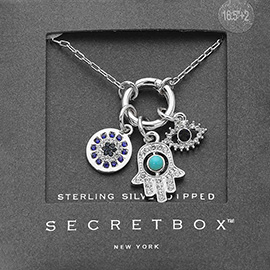 SECRET BOX_Sterling Silver Dipped Interchangeable Hamsa Hand Evil Eye Round Charm Pendant Necklace