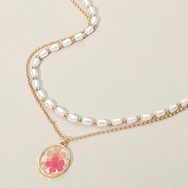Floral Resin Pendant Pearl Metal Chain Layered Necklace