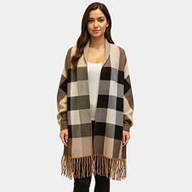 Checkered Pattern Fringe Trim Shawl Poncho