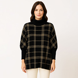 Checkered Turtleneck Knit Poncho