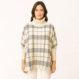 Checkered Turtleneck Knit Poncho