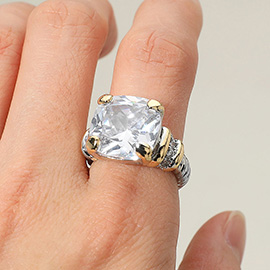 Cushion-Cut CZ Stone Two Tone Statement Ring