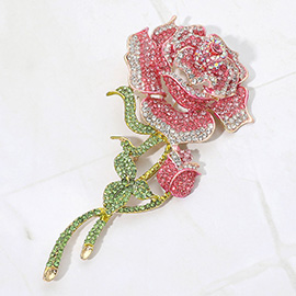 Bold Elegant Rhinestone Rose Stem Pin Brooch