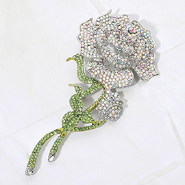 Bold Elegant Rhinestone Rose Stem Pin Brooch