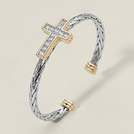 CZ Stone Paved Two Tone Cross Accent Braided Cuff Bracelet