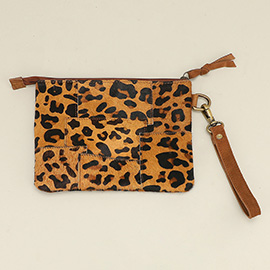 Genuine Leather Leopard Pattern Calf Fur Patchwork Wristlet Pouch Clutch Bag